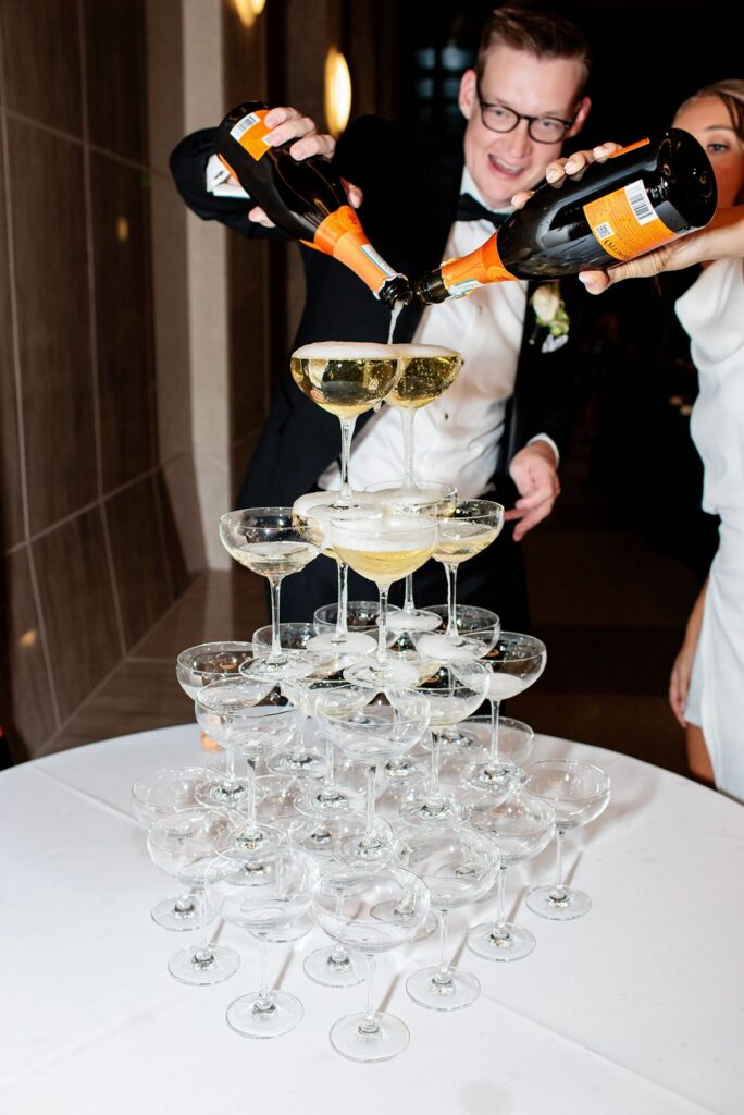 Champagne tower at wedding reception