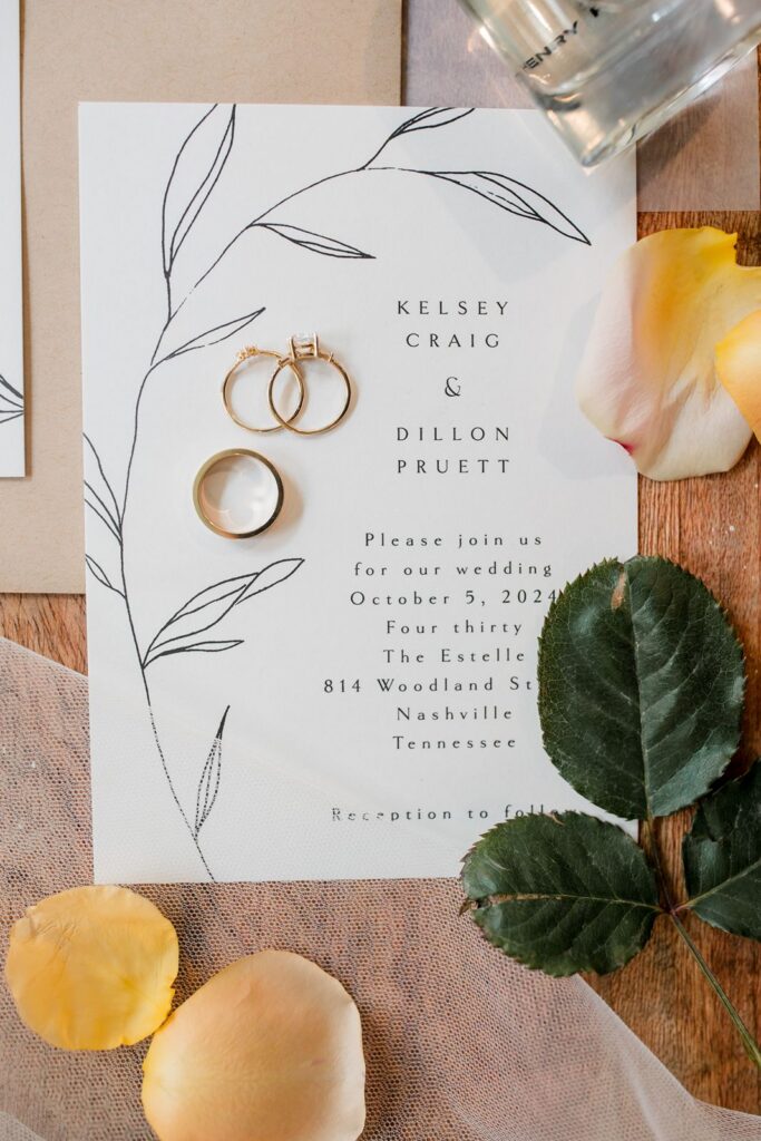 Guide to wedding invitation suite with wedding rings and flower petals