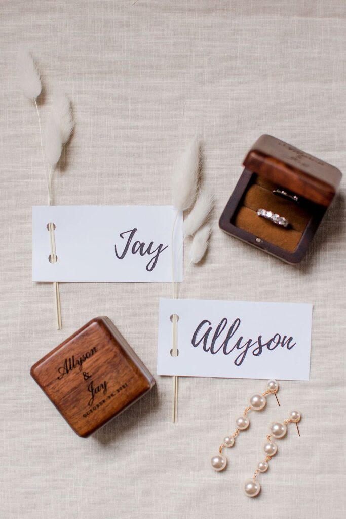 bride and groom rings at a cannery hall wedding